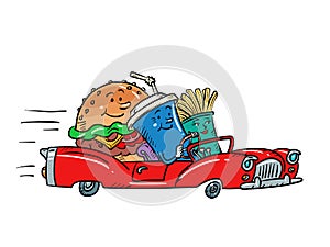 Road restaurant, fast food characters burger drink cola and french fries friends driving car