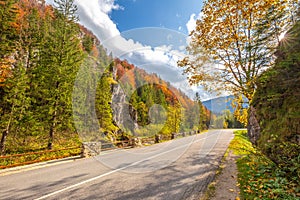 Road through a rocky gorge in a mountain valley at autumn