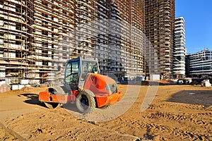Road roller compactor on a construction site
