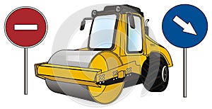 Road roller with road`s signs