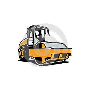 Road roller vector, drum roller heavy duty machine vector isolated