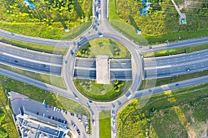 Road roundabout in on Borovskoe highway near New residential areas and new buildings in Moscow. Aerial view of the area