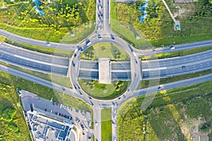 Road roundabout in on Borovskoe highway near New residential areas and new buildings in Moscow. Aerial view of the area