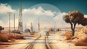 A road running past oil rigs in a desert area somewhere in Africa.