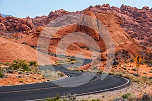 A road runs through it in the Valley of Fire State Park, Nevada, USA