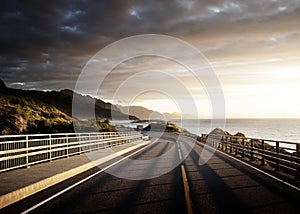 Road by the sea in sunrise time, Lofoten island