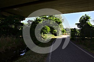 Road in the shade passing under a viaduct in the italian countryside in summer