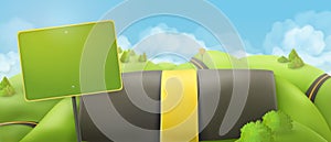 Road and sign, 3d cartoon nature landscape, vector background, countryside panorama