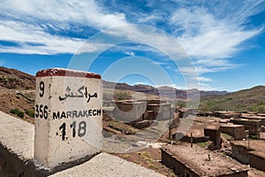 Road Sign along the road between Marrakesh and Ouarzate in the small town of Inkkal, High Atlas, Morocco