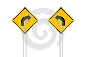 Road sign of arrow pointing bend to left and right, traffic road sign yellow isolated on white, traffic sign turn left and right,