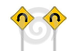 Road sign of arrow pointing left and right u-turn, traffic road sign u-turn left and right isolated on white, warning caution sign