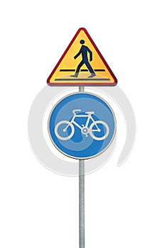 Road sign for a bicycle lane and pedestrian isolated on white