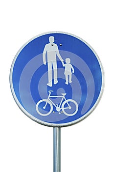 Road sign for bikes and pedestrians isolated on white background