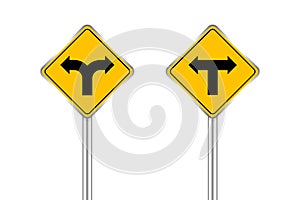 Road sign black arrow pointing left and right, traffic road sign yellow isolated on white, yellow traffic sign for left and right