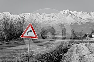 Road sign. Black and white photo