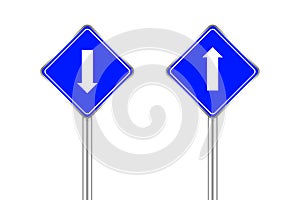 Road sign blue and white arrow pointing up and down, traffic road sign blue isolated on white, blue traffic sign ahead and down,