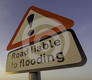 Road sign on. british cuntryside.Road liable to flooding.