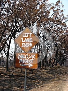 Road sign after bushfire