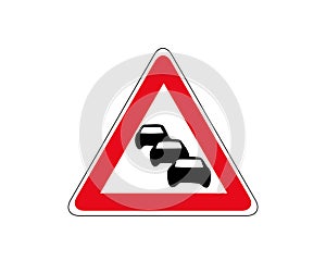 Road sign. Caution traffic column . Traffic jam, vector icon. Car column in red triangular frame. Group of black silhouette of