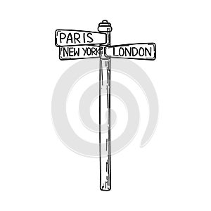 A road sign for the city. Hand-drawn doodle-style element. Tourism. Paris, London, New York. Signpost which way is the
