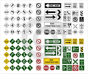 Road Sign Collection Fully Editable Vector Icons In Black And White, Green, Yellow, Red Color