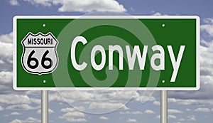 Road sign for Conway Missouri on Route 66