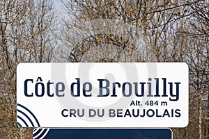 Road sign with Cote de Brouilly, altitude 484 meters, cru du Beaujolais photo