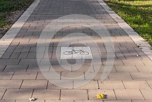 Road sign on the cycleway, bikeway for cyclists only. Bike lane in Turia River gardens, Valencia Spain