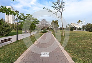 Road sign on the cycleway, bikeway for cyclists only. Bike lane in Turia River gardens, Valencia Spain