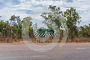 Road sign with directions to Jabiru and Darwin at Arnhem highway, Australia