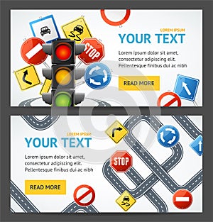 Road Sign Drive School Flyer Banner Posters Card Set. Vector