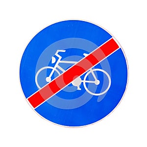 Road sign for end of bicycle lane isolated on white