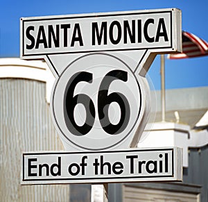 Road sign at the end of US Route 66 in Santa Monica, California.