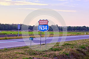 Road sign of European historical route Hunebed Highway N34, Hondsrug area, Dutch province Drenthe. 47 Hunebeds on