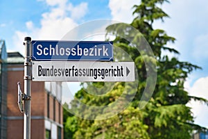 Road sign of Federal Constitutional Court in Germany called `Bundesverfassungsgericht` in Karlsruhe, Germany