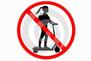 Road sign forbidding electric scooter. Image of a woman on electric scooter with a backpack. red road sign. Illustration of not