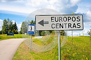 Road sign of geographic centre of Europe
