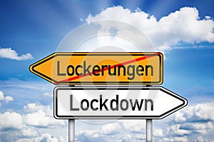 Road sign with german words Lockdown and Lockerungen, Lockdown and freedom with blue sky background