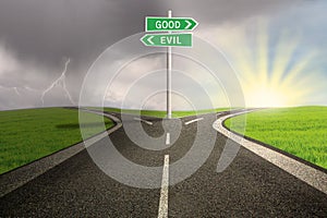 Road sign of good vs evil