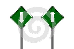 Road sign green and white arrow pointing up and down, traffic road sign green isolated on white, green traffic sign ahead and down