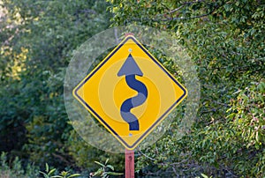 Road sign indicating curves ahead.