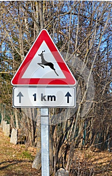 road sign with indications of danger crossing animals such as deer on the road