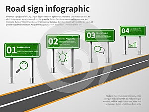 Road sign infographic. Banner traffic street route path, blank direction highways asphalt trip map gps car curved way photo