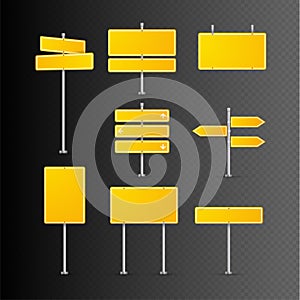 Road sign isolated on transparent. Highway traffic yellow signs. Transportation board frame