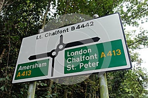 Road sign for Little Chalfont B442, Amersham A413, London and Chalfont St. Peter A413