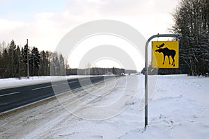 Road sign. Moose are wild animals.