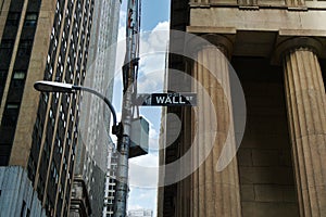 Road sign of New York Wall street corner Broad street