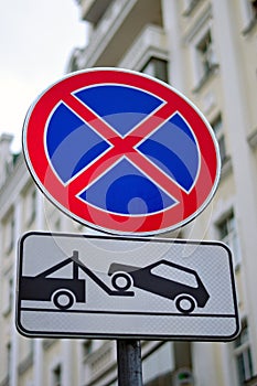 Road sign No stopping and parking and evacuation of cars