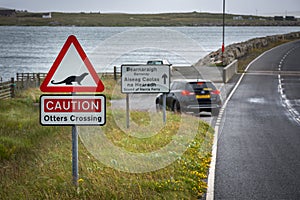 Road sign for otters crossing on the Isle of North Uist, Scotland