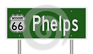 Road sign for Phelps Missouri on Route 66